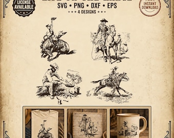 May include: A digital design set titled LIFE ON THE RANGE featuring four black ink illustrations of cowboys, including a bucking bronco, a rider on horseback, a campfire scene, and a galloping horse, displayed on a beige background with file formats.