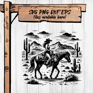 Cowgirl Riding Horse SVG PNG – Western Desert Clipart Bundle do sublimacji, Cricut, Silhouette (+ dxf/eps) 300 DPI