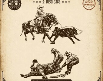 Calf ROPING & Flanking SVG | 2 Design Rodeo Bundle Cowgirl Cowboys Tying | Western png dxf eps | Cricut Download