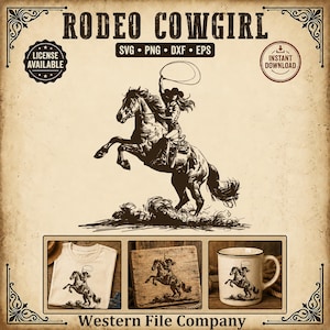 May include: A digital design file titled RODEO COWGIRL featuring a black ink illustration of a cowgirl on a rearing horse with a lasso. The image includes SVG, PNG, DXF, EPS text, and displays the design printed on a t-shirt, a wooden board, and a ceramic mug.