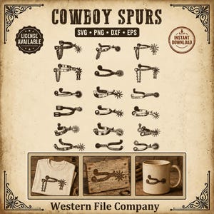 May include: A vintage-style graphic featuring various cowboy spurs designs. The image includes a t-shirt, a wooden plaque, and a mug, each displaying a spur design. Text includes "COWBOY SPURS" and "Western File Company."