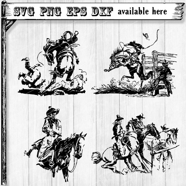 Western Cowboy svg, Bucking Bronco png, Cowpokes Clip Art Bundle, PNG Sublimation, Cricut, Silhouette (dfx/eps/jpg/pdf included)