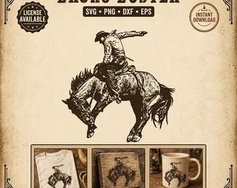 May include: A sepia-toned graphic featuring a cowboy riding a bucking bronco, with the text "BRONC BUSTER" above. The image includes a t-shirt, coaster, and mug showcasing the same design. The words "SVG • PNG • DXF • EPS" are also present.