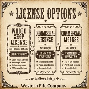 K&ouml;nnte beinhalten: Ein beigefarbenes Schild im Vintage-Stil mit der &Uuml;berschrift LICENSE OPTIONS und drei Abschnitten. Der erste ist eine WHOLE SHOP LICENSE f&uuml;r 230+ Designs. Die anderen beiden sind COMMERCIAL LICENSE f&uuml;r f&uuml;nf bzw. ein Design. Text enthalten.