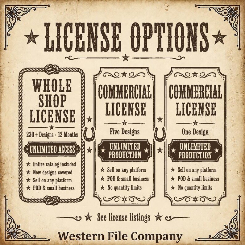 K&ouml;nnte beinhalten: Ein beigefarbenes Schild im Vintage-Stil mit der &Uuml;berschrift LICENSE OPTIONS und drei Abschnitten. Der erste ist eine WHOLE SHOP LICENSE f&uuml;r 230+ Designs. Die anderen beiden sind COMMERCIAL LICENSE f&uuml;r f&uuml;nf bzw. ein Design. Text enthalten.