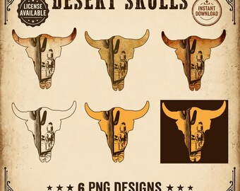 Bull Skull Cowboy PNG Sublimation Western Cow Skull Desert Scene Clipart Steer Skull Cactus Cowboy Horseback Vintage Instant Download