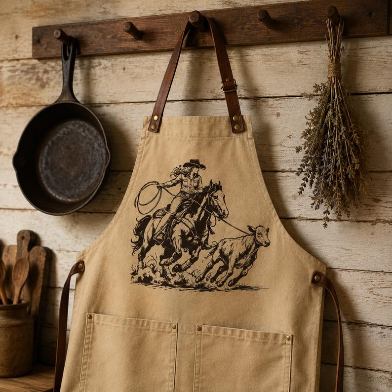 Op de afbeelding: Een beige canvas schort met een zwarte grafische print van een persoon op een paard die een kalf vangt met een lasso. Het schort is voorzien van bruine leren banden bevestigd met metalen klinknagels en twee grote voorzakken aan de onderkant.