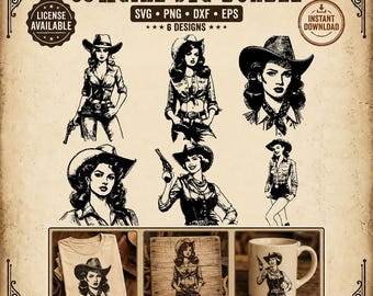 Cowgirl SVG Bundle, Vintage Pinup Cowgirl Clipart, Western Woman PNG, 6 Cowgirl Designs, Retro Cowgirl dxf eps, Shirt Tumbler Design