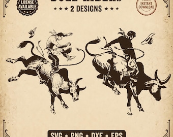 Cavaliere di toro SVG 2 stili Rodeo Bull Riding Clipart Cowboy occidentale Toro imbizzarrito PNG Rodeo vintage Dxf Eps Cricut Sublimazione Download istantaneo