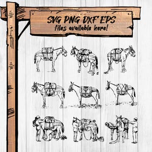 Vintage Pack Horse Clip Art SVG Bundle - Rustikale Transportillustrationen, Png Jpg Dxf Eps für Cricut- und Sublimationsprojekte