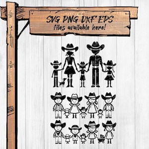 Familia de vaqueros con figuras de palitos SVG: imágenes prediseñadas del oeste para Cricut, PNG vectorial en blanco y negro, archivos recortados de personas de palitos campestres