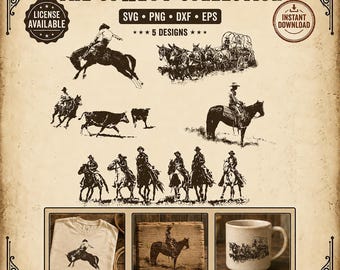May include: A vintage-style image featuring the text "THE COWBOY COLLECTION" and illustrations of cowboys, horses, and a covered wagon. The image includes a t-shirt, a wooden plaque, and a mug with cowboy designs. The text "LICENSE AVAILABLE" and "INSTANT DOWNLOAD" are also present.