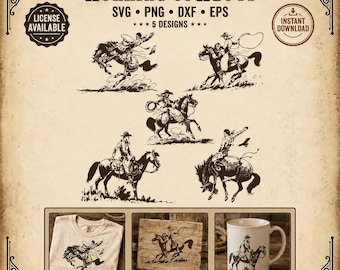 Op de afbeelding: Een sepia-getinte afbeelding met cowboy-illustraties, met de tekst "WORKING COWBOYS" en "Western File Company." De afbeelding bevat een t-shirt, houten plaat en mok met cowboy-ontwerpen. De afbeelding bevat ook de tekst "SVG • PNG • DXF • EPS" en "5 DESIGNS."