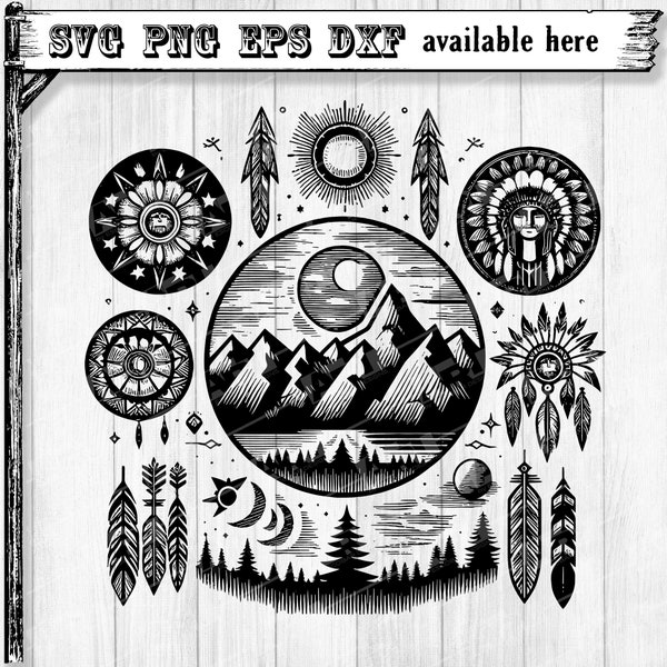 Vintage Native American Symbols with Mountains, Trees, and Sun in the Background in Etched Drawing Style (Svg, Png, Dxf, Eps files) 300 DPI