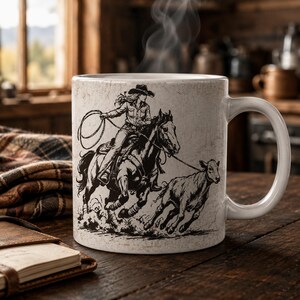 Op de afbeelding: Een witte keramische mok met een zwarte inktillustratie van een persoon met een cowboyhoed op een paard die een kalf vangt met een lasso. Het ontwerp heeft een verweerde, getextureerde uitstraling en een standaard handvat.