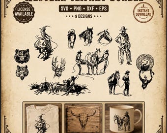 May include: A digital Western clipart bundle with 9 designs in SVG, PNG, DXF, and EPS formats. Illustrations include cowboys, horses, and wildlife. The bundle also features designs for a t-shirt, wooden sign, and mug.