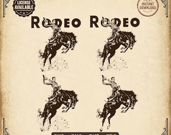 May include: A digital graphic design featuring the text RODEO COWBOY at the top and Western File Company at the bottom. It displays four identical dark brown illustrations of a cowboy riding a bucking horse, with the word RODEO above each.