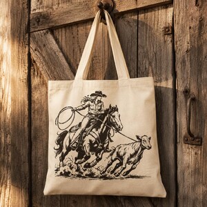 Op de afbeelding: Een beige canvas draagtas met een zwarte inktillustratie van een persoon met een cowboyhoed op een paard, die met een lasso een kalf vangt. Het ontwerp is gecentreerd op de voorzijde van de tas, die is voorzien van twee lange schouderbanden.