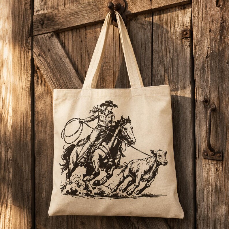 Op de afbeelding: Een beige canvas draagtas met een zwarte inktillustratie van een persoon met een cowboyhoed op een paard, die met een lasso een kalf vangt. Het ontwerp is gecentreerd op de voorzijde van de tas, die is voorzien van twee lange schouderbanden.