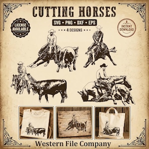 May include: A sepia-toned graphic featuring cowboys on horseback roping cattle. The image includes the text "CUTTING HORSES" and "Western File Company." The design is available in SVG, PNG, DXF, and EPS formats, with an instant download option.