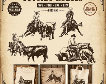 May include: A sepia-toned graphic featuring cowboys on horseback roping cattle. The image includes the text "CUTTING HORSES" and "Western File Company." The design is available in SVG, PNG, DXF, and EPS formats, with an instant download option.