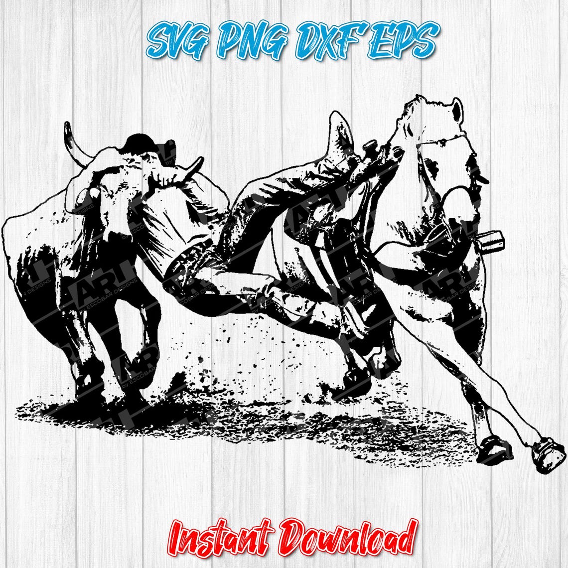 Steer Wrestling SVG Bulldogger Cowboy Clipart Rodeo Bulldogging PNG ...