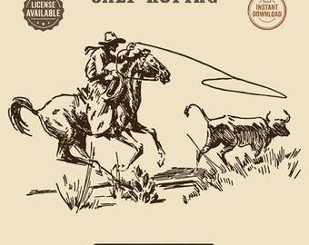 Puede incluir: Una ilustración en tinta marrón sobre fondo beige claro que muestra a un vaquero a caballo lazando a un ternero. El texto CALF ROPING aparece arriba, con SVG, PNG, DXF, EPS abajo. Sellos circulares indican LICENSE AVAILABLE e INSTANT DOWNLOAD.