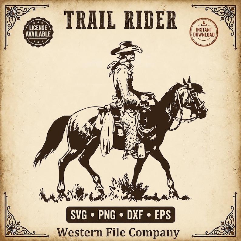 K&ouml;nnte beinhalten: Eine dunkelbraune grafische Illustration einer Person mit Cowboyhut auf einem Pferd vor hellbeigem Hintergrund. Der Text TRAIL RIDER steht oben, w&auml;hrend SVG, PNG, DXF, EPS und Western File Company im unteren Bereich gedruckt sind.