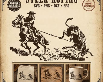 Cowboy ROPING Steer SVG Western Lasso Clipart Cattle Ranch RODEO png dxf eps Cricut Sublimation Instant Download