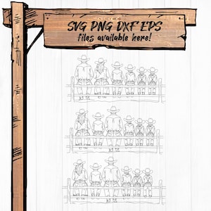 Cowboy familie van zes zittend op een omheining SVG PNG, Western Png, familie Svg, clipartbundel voor Cricut, silhouet, DTG, drie versies