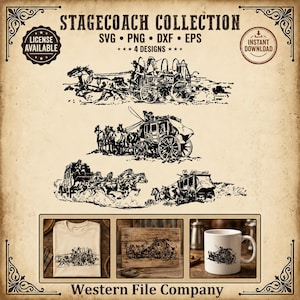 May include: An image featuring a collection of stagecoach designs in black and white. The designs are displayed on a variety of items, including a t-shirt, a wooden plaque, and a coffee mug. The text "STAGECOACH COLLECTION" is at the top.