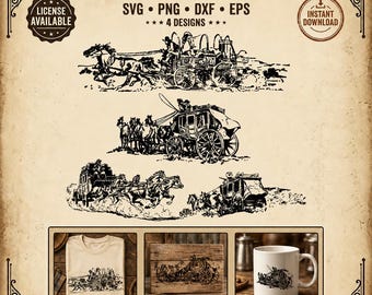 May include: A collection of black and white stagecoach designs, presented on a t-shirt, wooden plaque, and a mug. The image includes the text "STAGECOACH COLLECTION" and "Western File Company". The designs are available in SVG, PNG, DXF, and EPS formats.