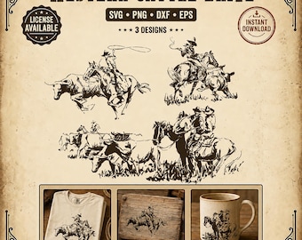 May include: A digital design set titled WESTERN CATTLE DRIVE featuring three dark brown ink-style illustrations of cowboys on horseback herding cattle. The set includes SVG, PNG, DXF, and EPS file formats, displayed on a t-shirt, wood, and a mug.