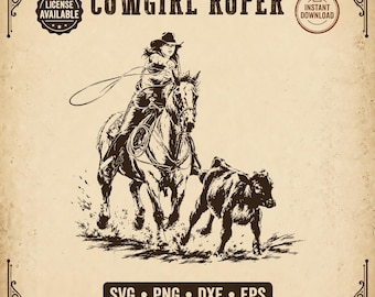 Cowgirl Roping Calf SVG Breakaway Roper Clipart Western Rodeo Cowgirl Horse PNG Vintage Ranch Dxf Eps Cricut Sublimation Instant Download
