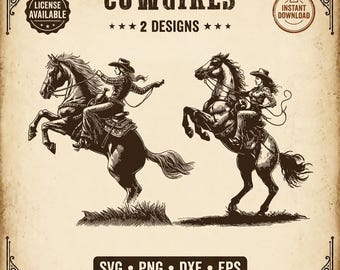 Cowgirl Rearing HORSE SVG Bundle | 2 Vintage Western Riding Designs | Cowgirl Equestrian png dxf eps | Cricut Digital Download