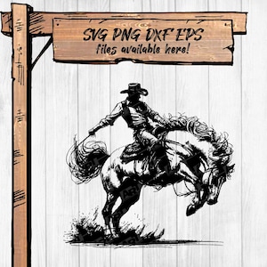 Cowboy on Bucking Bronco SVG PNG – Saddle Bronc Riding Clipart for Cricut & Silhouette – Western Cowboy SVG @ 300 dpi