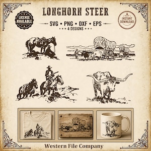 LONGHORN Steer SVG Bundle | 4 Old West Trail Designs | Wagon Train Cowboy Frontier Clipart | png dxf eps