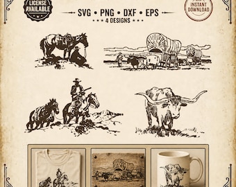 LONGHORN-Ochse SVG-Bundle | 4 Designs im Stil des Wilden Westens | Planwagenzug-Cowboy-Frontier-Clipart | PNG, DXF, EPS