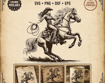 Cowgirl Clipart, Rearing Horse SVG, Cowgirl with Lasso PNG, Western Cowgirl on Horse, Rodeo Cowgirl Clipart, Wild West Cowgirl SVG Design