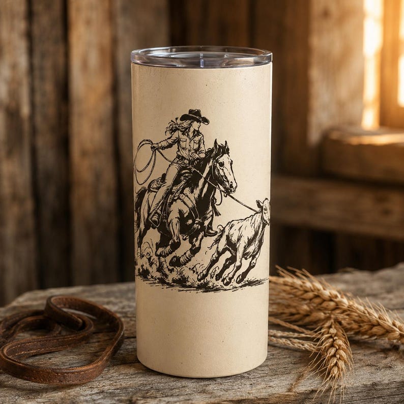 Op de afbeelding: Een cilindervormige beige beker met een zwarte lijntekening van een cowgirl op een paard die een kalf vangt met een lasso. Het ontwerp toont de ruiter met een lasso, waarbij het paard en het kalf in beweging zijn. De beker heeft een doorzichtig deksel.