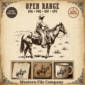 Cowboy te paard SVG Open Range Cattleman Clipart Western Ranch Rider PNG Vintage Cowboy Prairie dxf eps Cricut sublimatie Instant Download