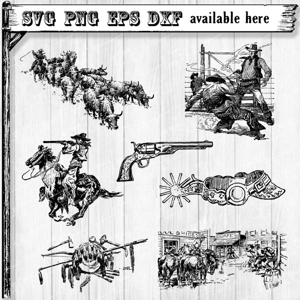 Western Vintage Illustrations SVG, Cowboys, Horses, Rifles, Revolver, Spurs PNG, Native American Weapons, Shootouts, Clip Art Bundle