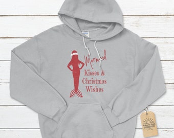 Mermaid Kisses & Christmas Wishes Unisex Hoodie, Mermaid Hoodie, Christmas Hoodies, Tropical Christmas Hoodie, Christmas Beach Hoodie