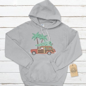 Christmas Woodie Wagon Unisex Hoodie, Vintage Christmas Hoodie, Tropical Christmas, Beach Christmas, Woodie Wagon, Santa Claus Hoodie