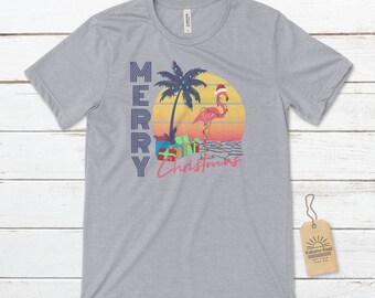 Merry Christmas Flamingo Santa Unisex T-Shirt, Christmas T-Shirts, Beach Christmas Shirts, Flamingo T-Shirts, Tropical Christmas