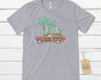 Christmas Woodie Wagon Unisex T-Shirt, Christmas T-Shirt, Tropical Christmas, Beach Christmas, Woodie Wagon, Santa Claus T-Shirt
