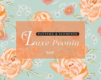 Op de afbeelding: Een perzik- en teal bloemenpatroon met de tekst "PATTERN & ELEMENTS Luxe Peonia MM BY MITRA" in een perzikkleurige rechthoek.
