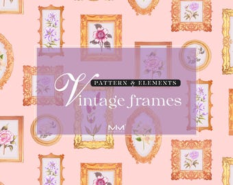 May include: A pattern of vintage frames with floral illustrations in gold and watercolor. The frames vary in shape and size, with a soft pink background. The text "Vintage frames" is overlaid on a purple rectangle.