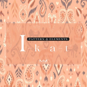 Może przedstawiać: Różowe tło z powtarzającym się wzorem stylizowanych kształtów paisley w odcieniach brązu, szarości i bieli. Tekst "I-k-a-t" jest wyśrodkowany w białym prostokącie z tekstem "PATTERN & ELEMENTS" powyżej i "MM BY MITZY" poniżej.