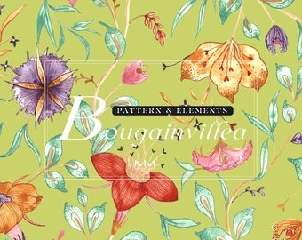 Op de afbeelding: Een naadloos patroon met aquarel illustraties van bougainvillea bloemen in tinten van roze, rood, oranje, paars en geel. De bloemen worden omringd door groene bladeren en stengels. De tekst "PATTERN & ELEMENTS Bougainvillea" wordt in het midden van de afbeelding weergegeven.